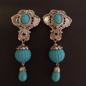 Vintage Barrera for Avon Dangle Clip Earrings Silver Tone and Faux Turquoise